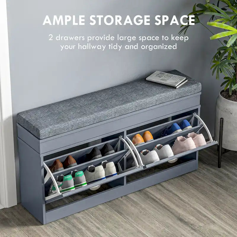 Banc à chaussures HOMCOM pour entrée, meuble de rangement avec coussin, 2 tiroirs, étagère réglable, blanc - 41 x 9,5 x 21,75