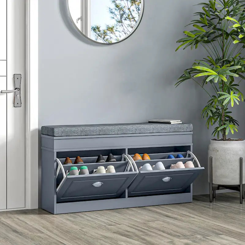 Banc à chaussures HOMCOM pour entrée, meuble de rangement avec coussin, 2 tiroirs, étagère réglable, blanc - 41 x 9,5 x 21,75