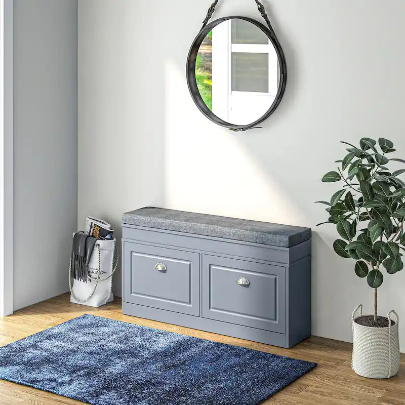 Banc à chaussures HOMCOM pour entrée, meuble de rangement avec coussin, 2 tiroirs, étagère réglable, blanc - 41 x 9,5 x 21,75