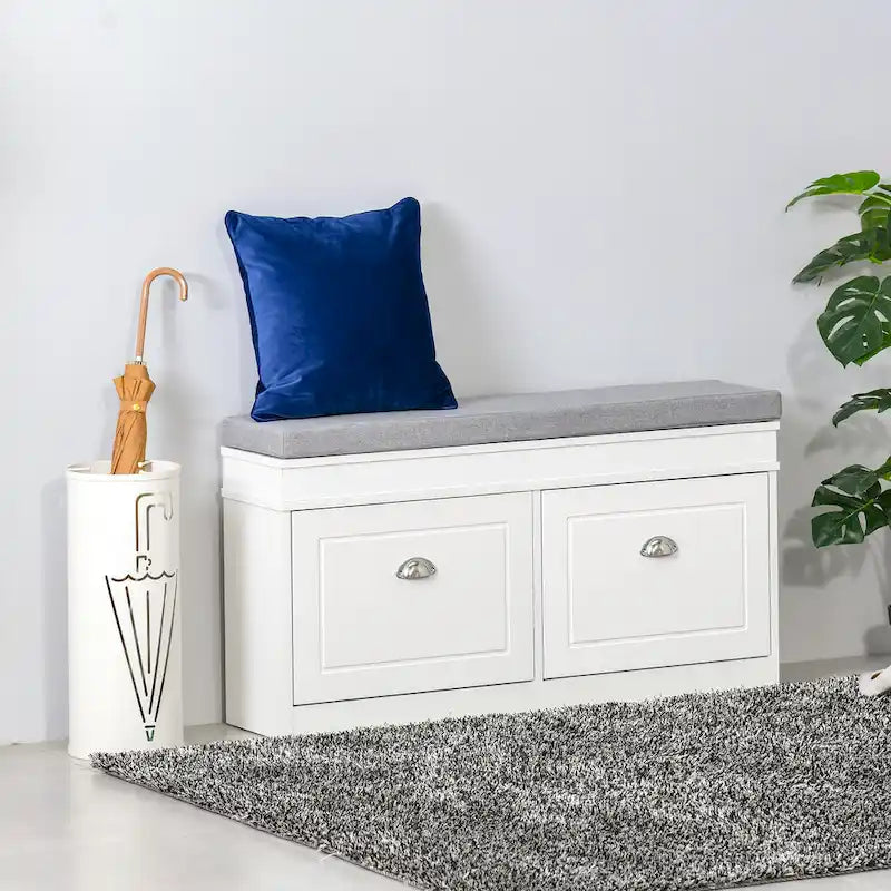Banc à chaussures HOMCOM pour entrée, meuble de rangement avec coussin, 2 tiroirs, étagère réglable, blanc - 41 x 9,5 x 21,75