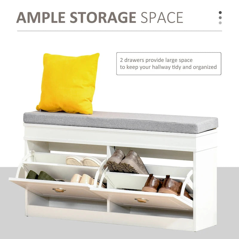 Banc à chaussures HOMCOM pour entrée, meuble de rangement avec coussin, 2 tiroirs, étagère réglable, blanc - 41 x 9,5 x 21,75