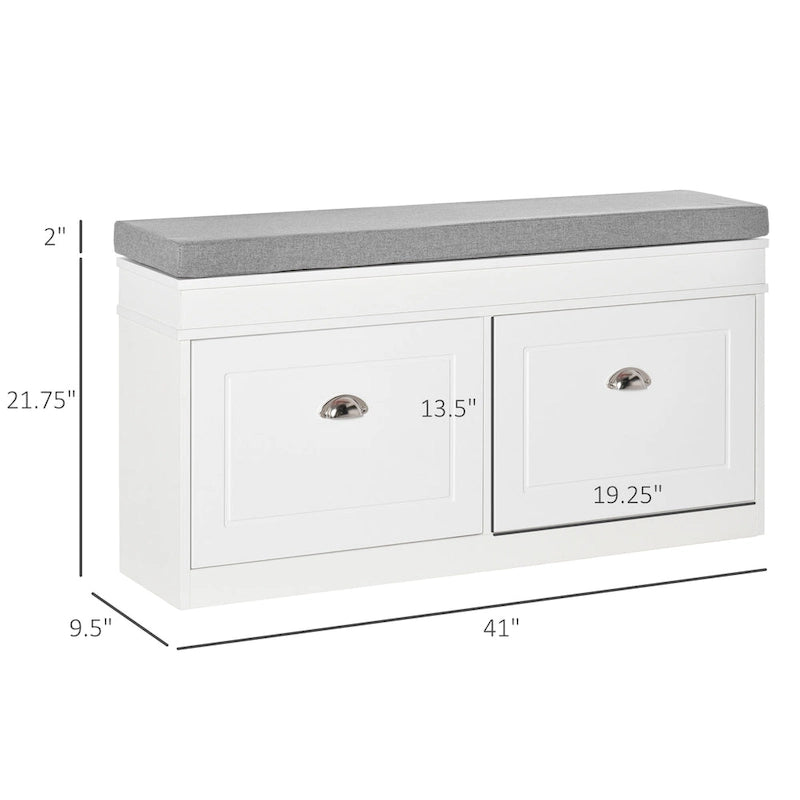 Banc à chaussures HOMCOM pour entrée, meuble de rangement avec coussin, 2 tiroirs, étagère réglable, blanc - 41 x 9,5 x 21,75