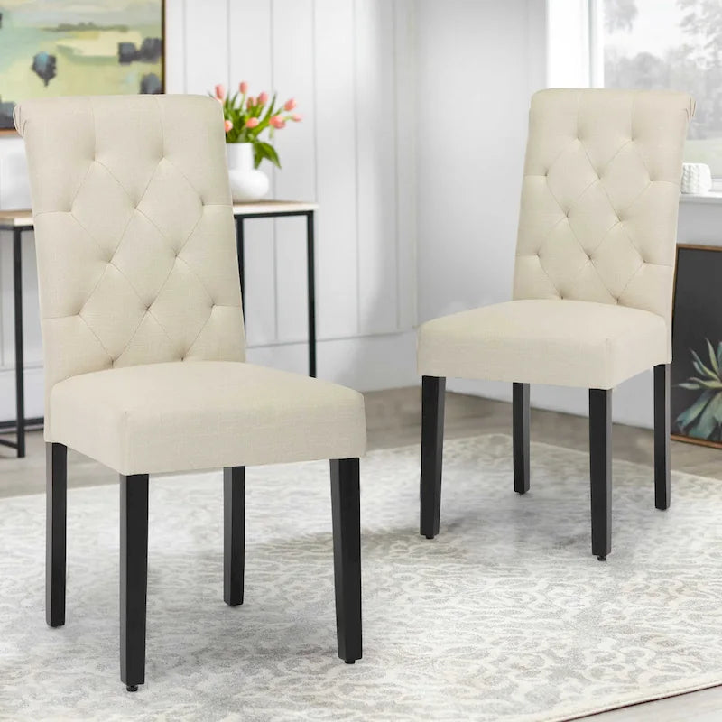Chaises de salle à manger Parson à dossier haut capitonnées en tissu et pieds noirs, ensemble de 2