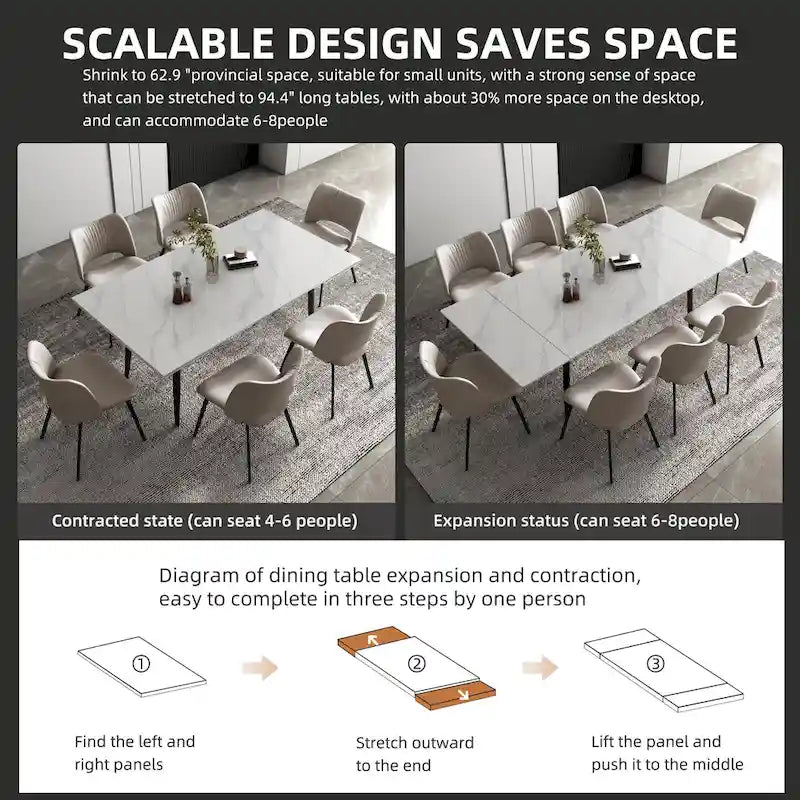 Ensemble de salle à manger extensible 7 pièces de 160 cm à 240 cm avec plateau en pierre frittée et 6 chaises