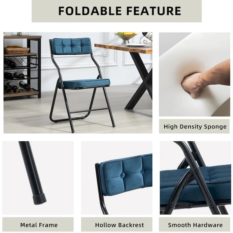 Chaises de salle à manger pliantes en acier touffetées et rembourrées en velours (lot de 4)