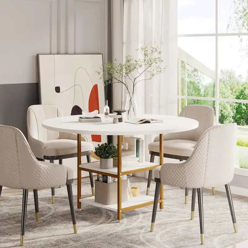 Table à manger ronde avec étagères de rangement pour 4 personnes, pieds en métal, plateau en bois pour salle à manger et salon, marron rustique et noir