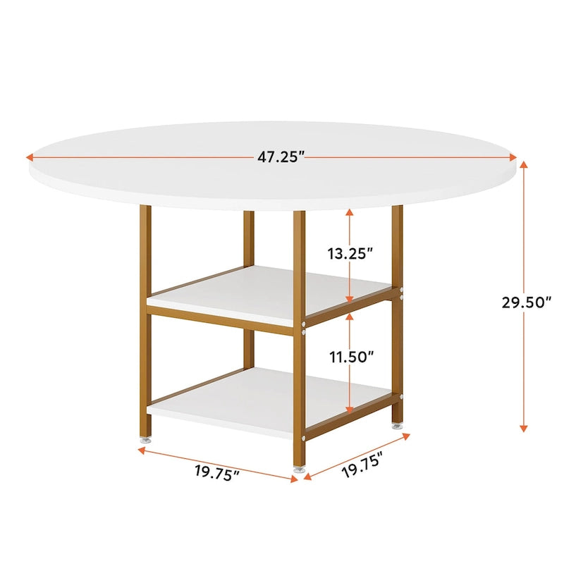 Table à manger ronde avec étagères de rangement pour 4 personnes, pieds en métal, plateau en bois pour salle à manger et salon, marron rustique et noir
