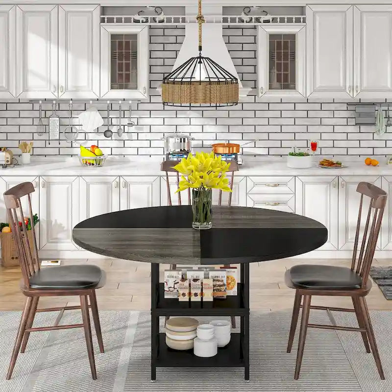 Table à manger ronde avec étagères de rangement pour 4 personnes, pieds en métal, plateau en bois pour salle à manger et salon, marron rustique et noir