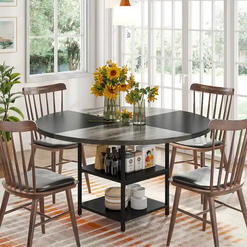 Table à manger ronde avec étagères de rangement pour 4 personnes, pieds en métal, plateau en bois pour salle à manger et salon, marron rustique et noir