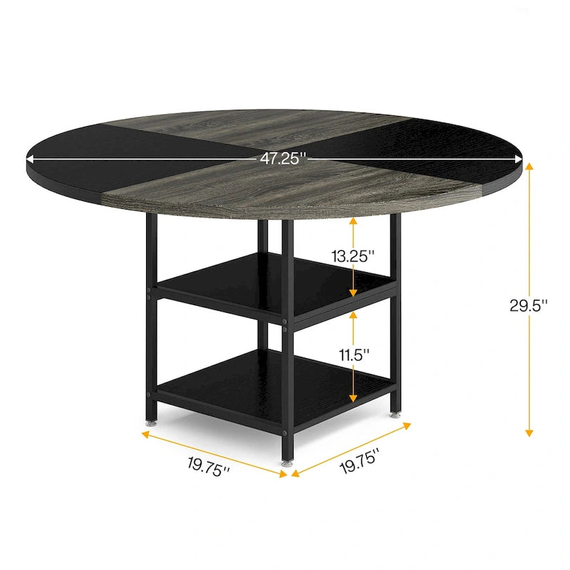 Table à manger ronde avec étagères de rangement pour 4 personnes, pieds en métal, plateau en bois pour salle à manger et salon, marron rustique et noir
