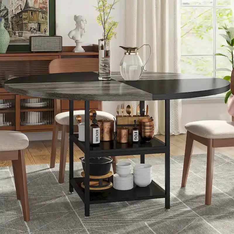 Table à manger ronde avec étagères de rangement pour 4 personnes, pieds en métal, plateau en bois pour salle à manger et salon, marron rustique et noir