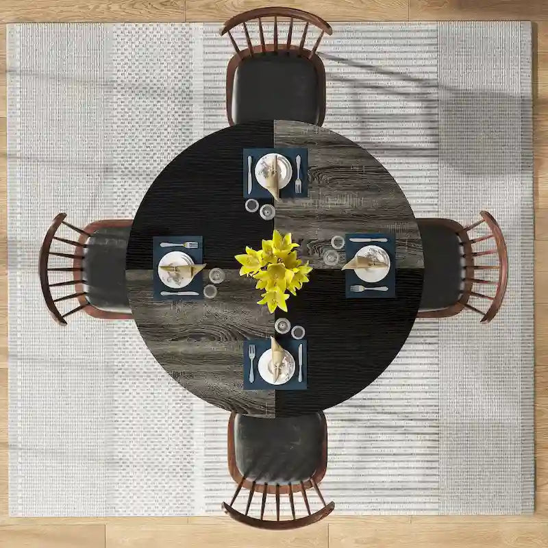 Table à manger ronde avec étagères de rangement pour 4 personnes, pieds en métal, plateau en bois pour salle à manger et salon, marron rustique et noir
