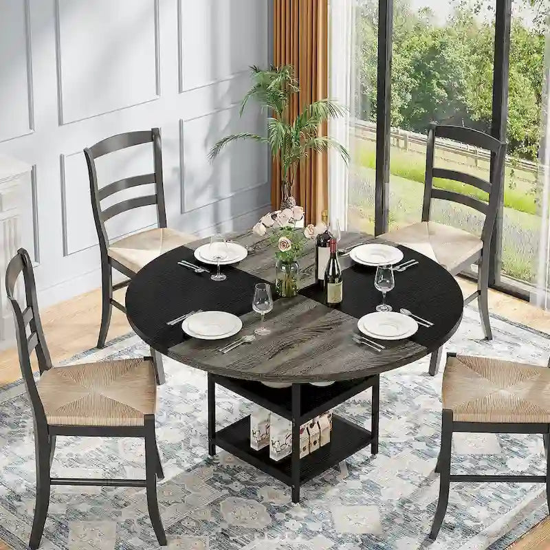 Table à manger ronde avec étagères de rangement pour 4 personnes, pieds en métal, plateau en bois pour salle à manger et salon, marron rustique et noir