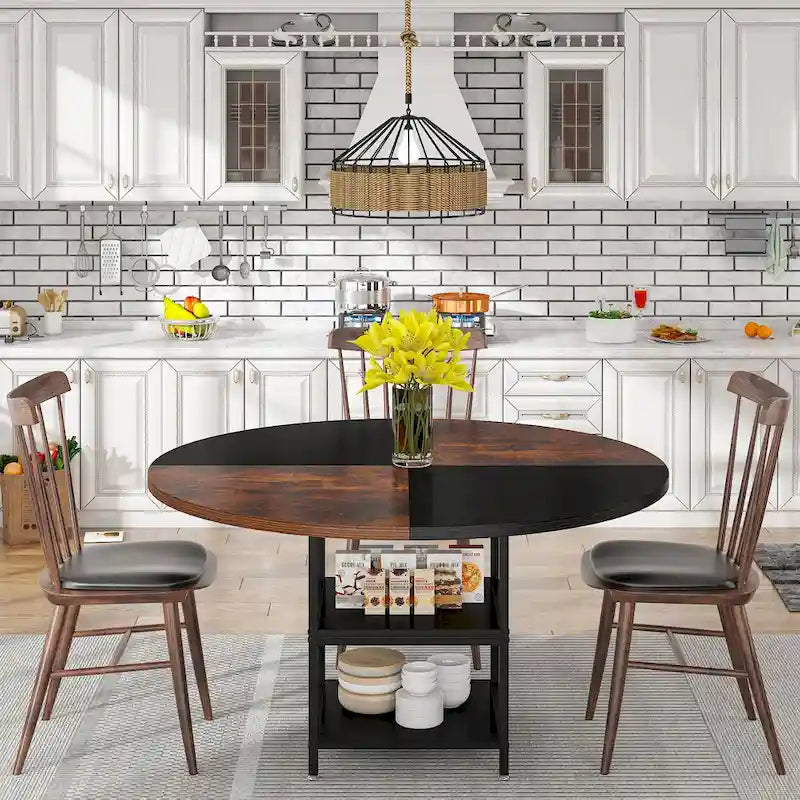 Table à manger ronde avec étagères de rangement pour 4 personnes, pieds en métal, plateau en bois pour salle à manger et salon, marron rustique et noir