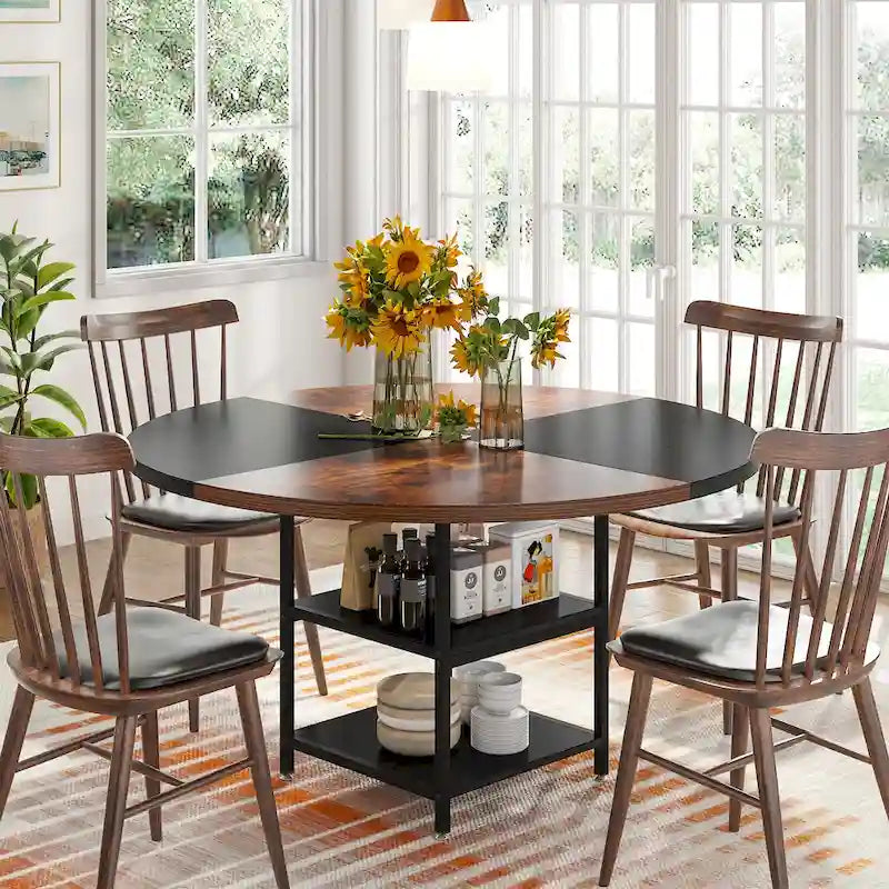 Table à manger ronde avec étagères de rangement pour 4 personnes, pieds en métal, plateau en bois pour salle à manger et salon, marron rustique et noir