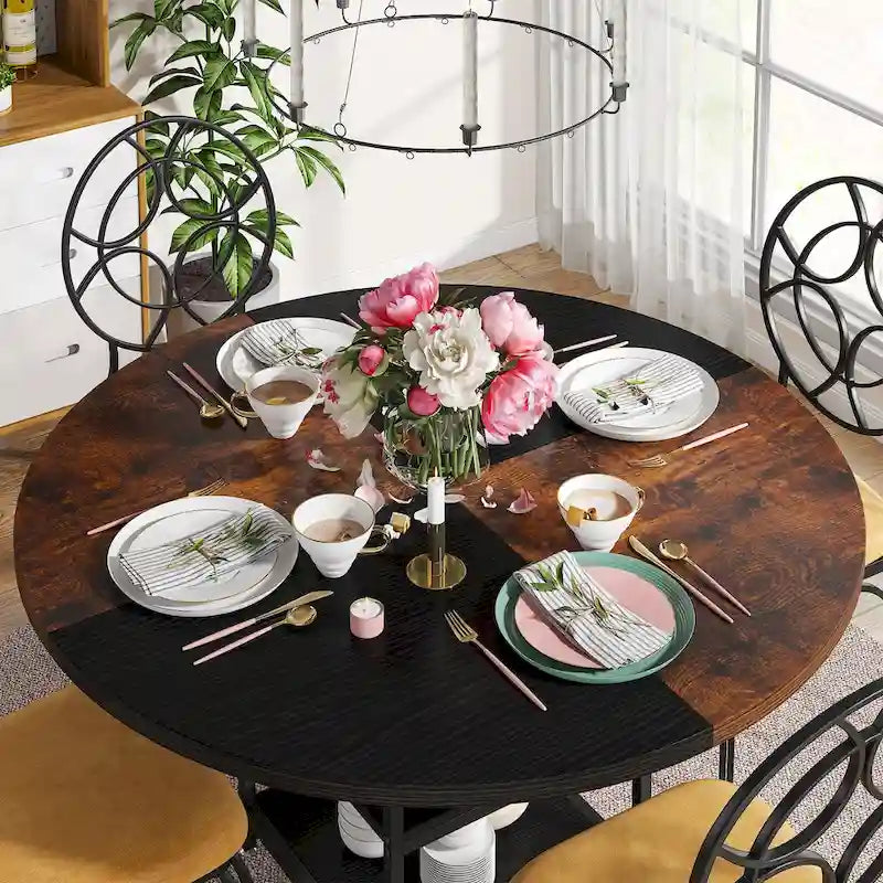 Table à manger ronde avec étagères de rangement pour 4 personnes, pieds en métal, plateau en bois pour salle à manger et salon, marron rustique et noir