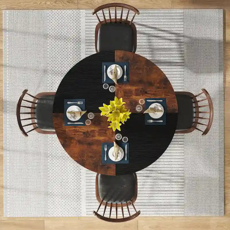 Table à manger ronde avec étagères de rangement pour 4 personnes, pieds en métal, plateau en bois pour salle à manger et salon, marron rustique et noir