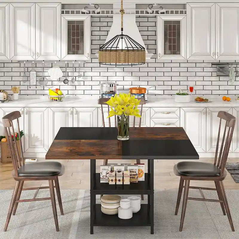 Table à manger ronde avec étagères de rangement pour 4 personnes, pieds en métal, plateau en bois pour salle à manger et salon, marron rustique et noir
