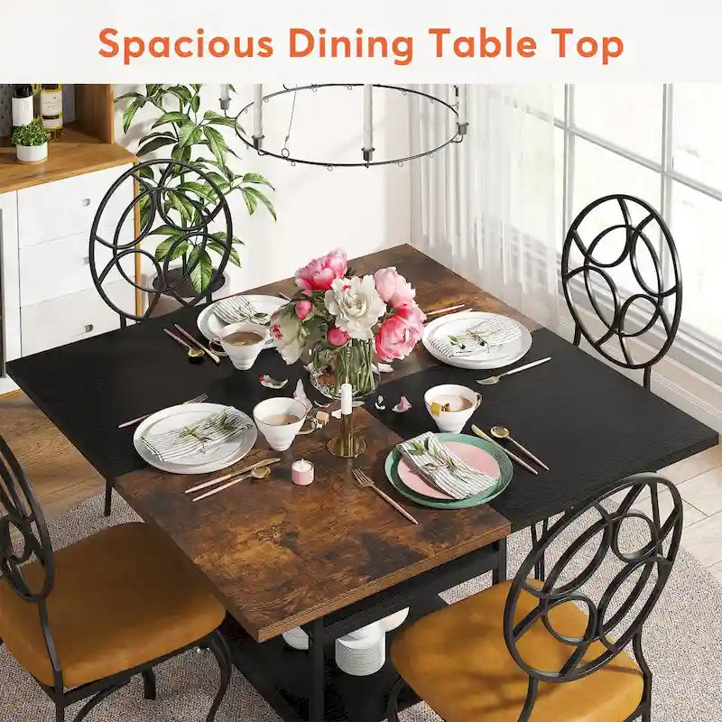 Table à manger ronde avec étagères de rangement pour 4 personnes, pieds en métal, plateau en bois pour salle à manger et salon, marron rustique et noir