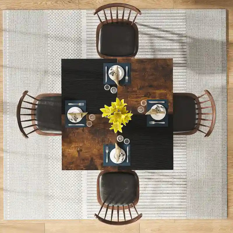 Table à manger ronde avec étagères de rangement pour 4 personnes, pieds en métal, plateau en bois pour salle à manger et salon, marron rustique et noir