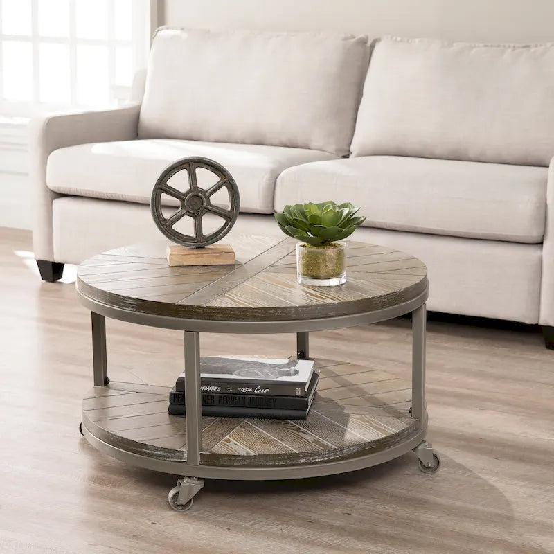 Table basse ronde industrielle rustique en bois avec étagère SEI Furniture Kenya