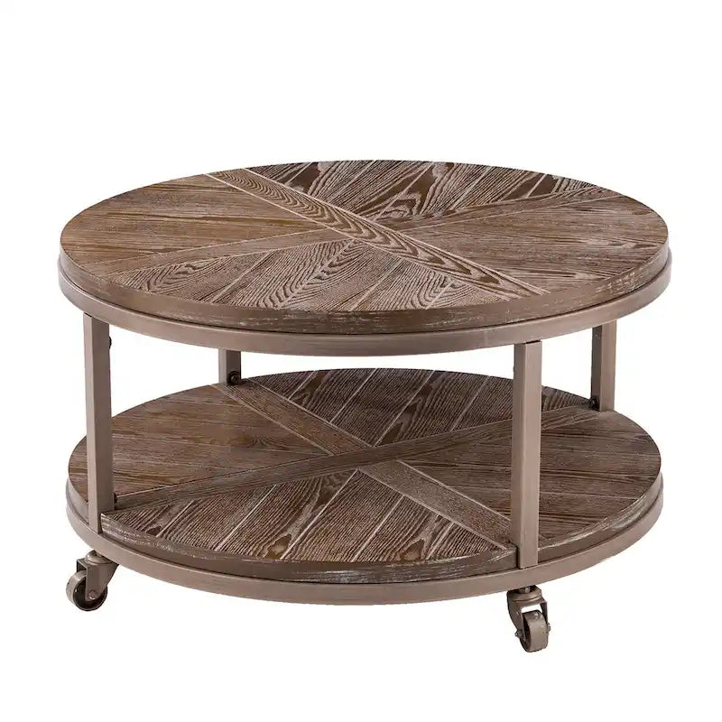 Table basse ronde industrielle rustique en bois avec étagère SEI Furniture Kenya