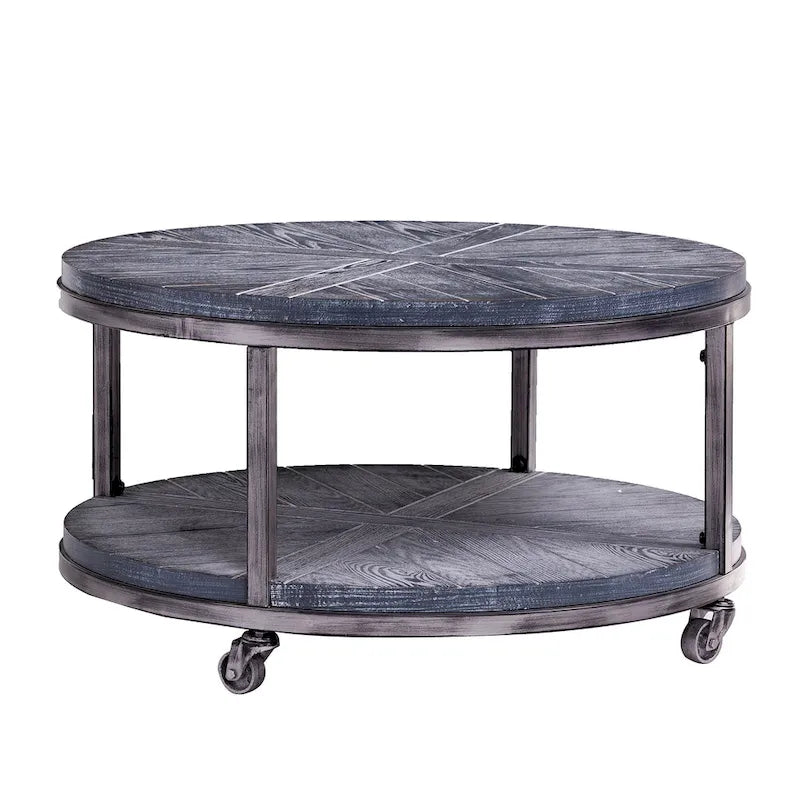 Table basse ronde industrielle rustique en bois avec étagère SEI Furniture Kenya