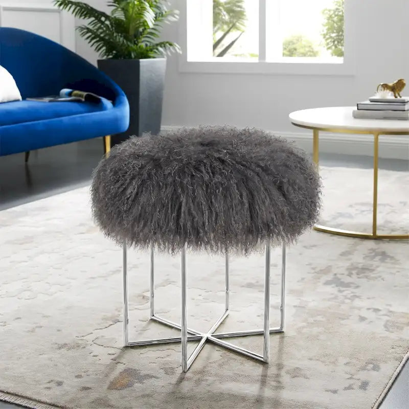 Pouffe Bailey en peau de mouton de Mongolie véritable et acier inoxydable