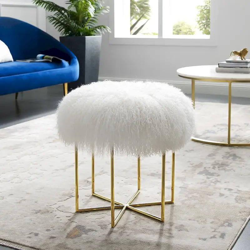 Pouffe Bailey en peau de mouton de Mongolie véritable et acier inoxydable