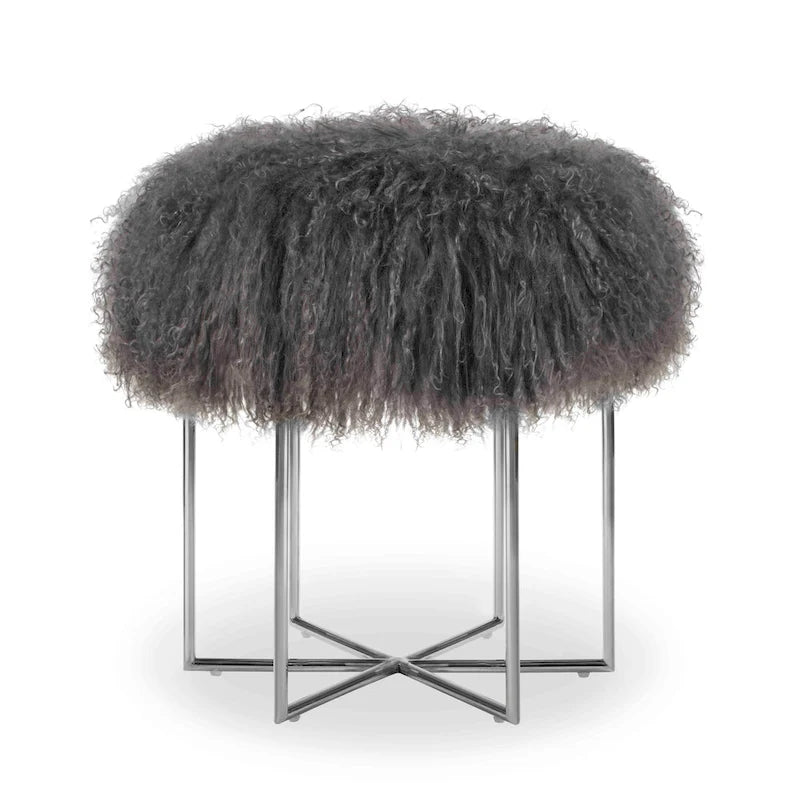 Pouffe Bailey en peau de mouton de Mongolie véritable et acier inoxydable