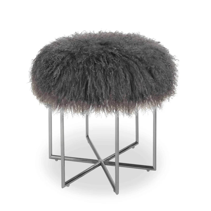 Pouffe Bailey en peau de mouton de Mongolie véritable et acier inoxydable