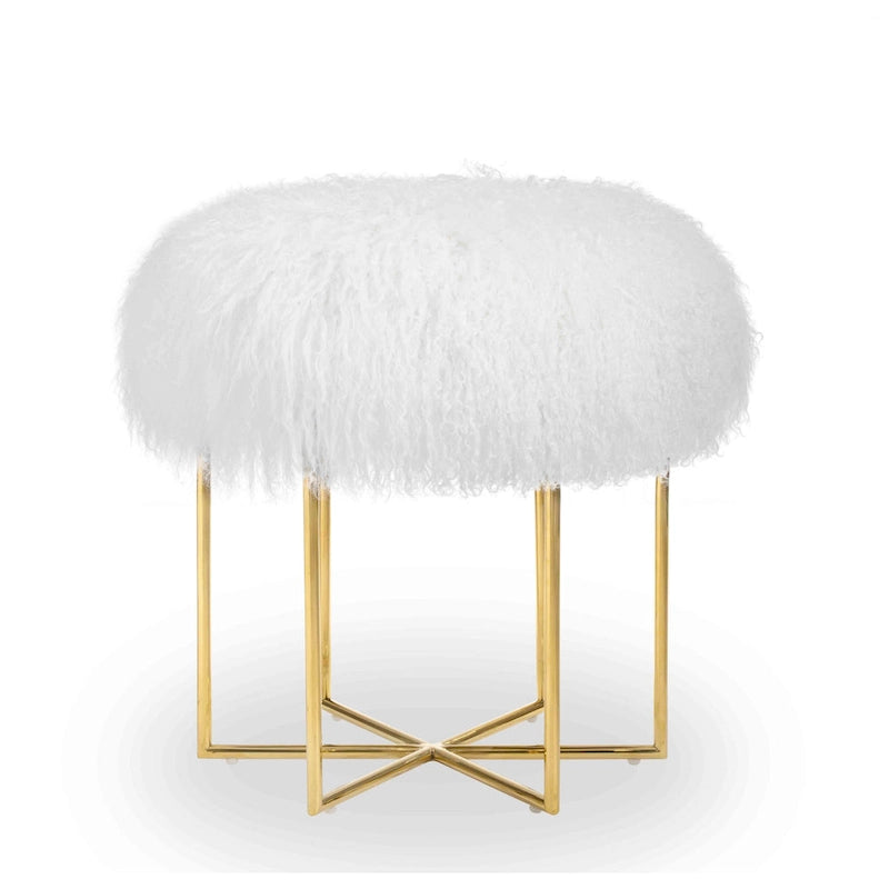 Pouffe Bailey en peau de mouton de Mongolie véritable et acier inoxydable