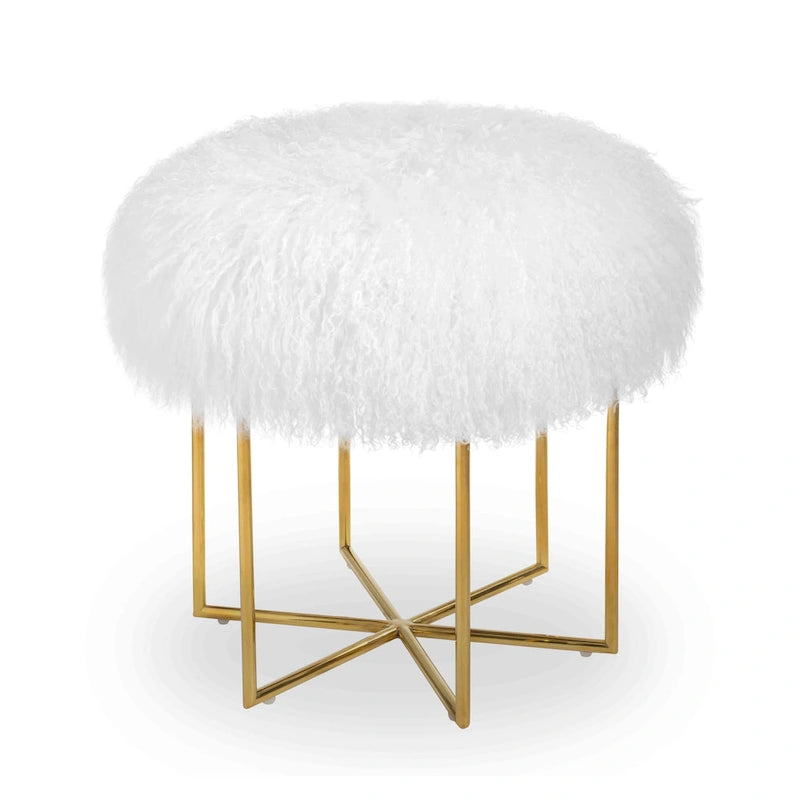Pouffe Bailey en peau de mouton de Mongolie véritable et acier inoxydable