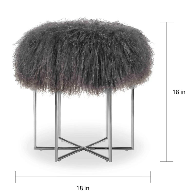 Pouffe Bailey en peau de mouton de Mongolie véritable et acier inoxydable