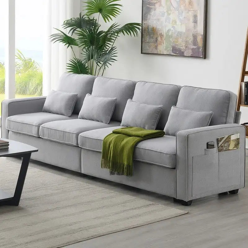Canapé rembourré avec poches accoudoirs et 4 oreillers, canapé 4 places moderne en tissu lin de style minimaliste