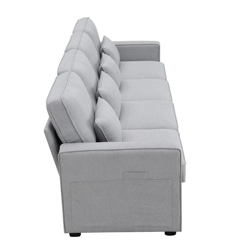 Canapé rembourré avec poches accoudoirs et 4 oreillers, canapé 4 places moderne en tissu lin de style minimaliste