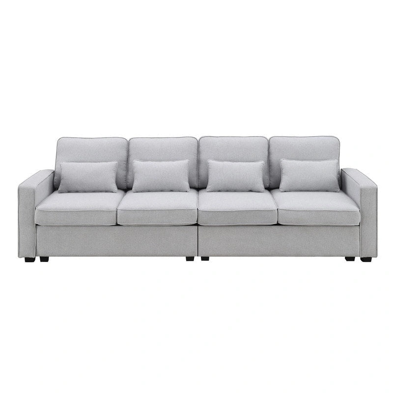 Canapé rembourré avec poches accoudoirs et 4 oreillers, canapé 4 places moderne en tissu lin de style minimaliste