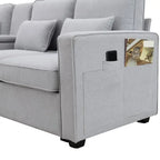 Canapé rembourré avec poches accoudoirs et 4 oreillers, canapé 4 places moderne en tissu lin de style minimaliste