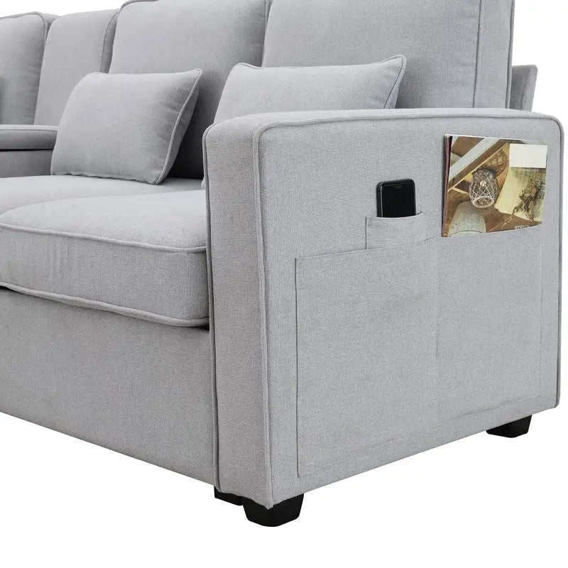 Canapé rembourré avec poches accoudoirs et 4 oreillers, canapé 4 places moderne en tissu lin de style minimaliste
