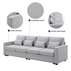 Canapé rembourré avec poches accoudoirs et 4 oreillers, canapé 4 places moderne en tissu lin de style minimaliste
