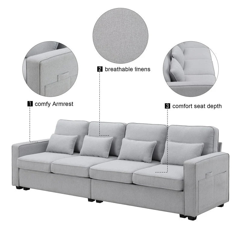 Canapé rembourré avec poches accoudoirs et 4 oreillers, canapé 4 places moderne en tissu lin de style minimaliste
