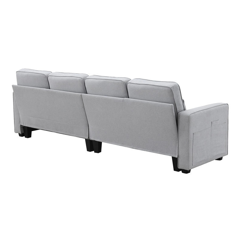 Canapé rembourré avec poches accoudoirs et 4 oreillers, canapé 4 places moderne en tissu lin de style minimaliste