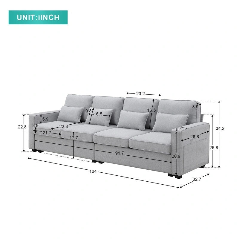 Canapé rembourré avec poches accoudoirs et 4 oreillers, canapé 4 places moderne en tissu lin de style minimaliste