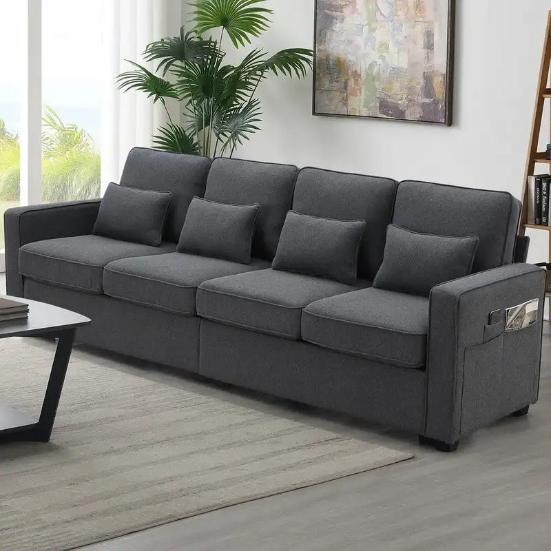 Canapé rembourré avec poches accoudoirs et 4 oreillers, canapé 4 places moderne en tissu lin de style minimaliste