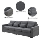 Canapé rembourré avec poches accoudoirs et 4 oreillers, canapé 4 places moderne en tissu lin de style minimaliste