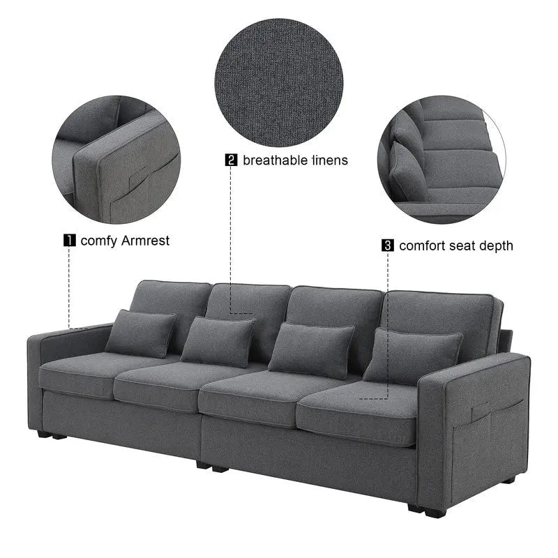 Canapé rembourré avec poches accoudoirs et 4 oreillers, canapé 4 places moderne en tissu lin de style minimaliste