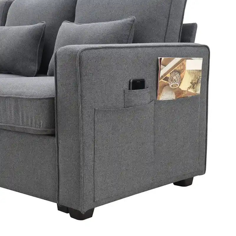 Canapé rembourré avec poches accoudoirs et 4 oreillers, canapé 4 places moderne en tissu lin de style minimaliste