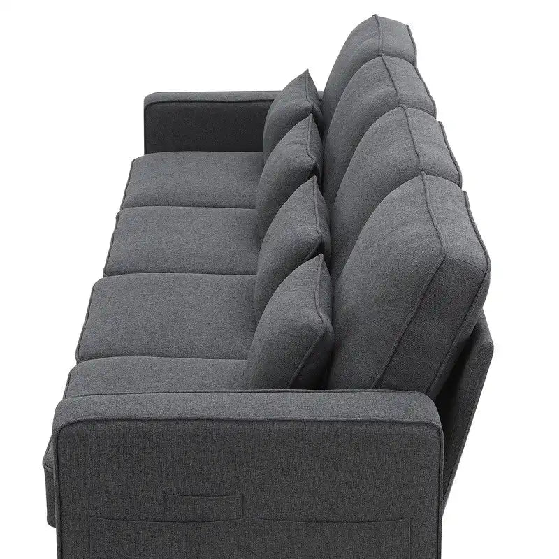 Canapé rembourré avec poches accoudoirs et 4 oreillers, canapé 4 places moderne en tissu lin de style minimaliste