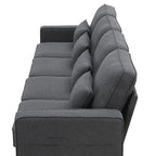 Canapé rembourré avec poches accoudoirs et 4 oreillers, canapé 4 places moderne en tissu lin de style minimaliste