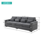 Canapé rembourré avec poches accoudoirs et 4 oreillers, canapé 4 places moderne en tissu lin de style minimaliste